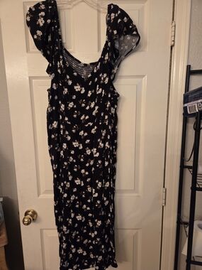 Old Navy Black Midi Dress with White Floral Print